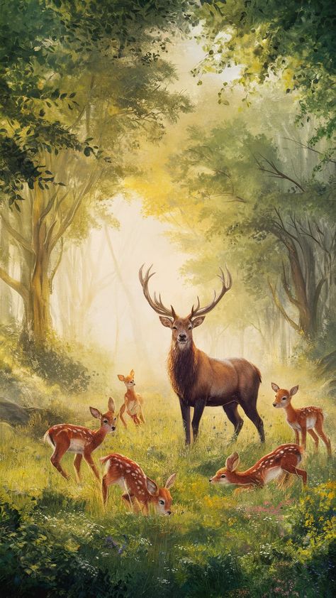 Experience the tranquility of a serene forest at dawn with our breathtaking wallpaper. Soft golden light filters through lush green trees, spotlighting a majestic stag and playful fawns in a vibrant meadow. This Romanticism-inspired artwork, enhanced with Impressionist touches, celebrates nature's beauty and harmony. Perfect for nature lovers and art enthusiasts alike. Keywords: nature wallpaper, forest art, tranquil decor. White Deer Painting, Stag Artwork, Tranquil Decor, Forest Wallpaper Iphone, Autumn Deer Wallpaper, Golden Deer Painting, Doe Painting Deer, Deer In Meadow Painting, Theme Nails