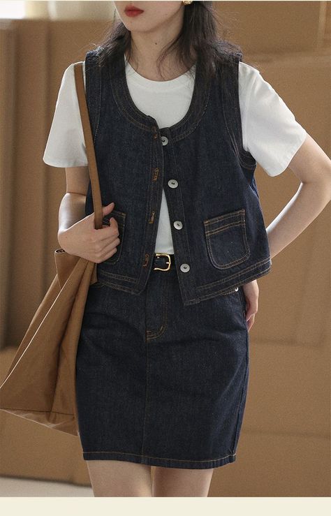 Denim Vest Outfit, Waistcoat Outfit, Vest Outfit, Vest Outfits, Denim Mini, Denim Mini Skirt, Spring Summer Outfits, Denim Vest, Mini Skirt