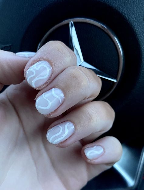 Milky White Nail Art Ideas, Milky White Nails With Design Short, White On White Nails, White Swirl Nails, Milky White Nails With Design, Dance Nails, White And Silver Nails, Wave Nails, Model Nails