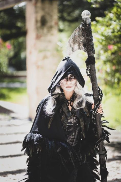 COMPLETE GRIM REAPER Lady of the Dark Costume With Feather Hooded Cloak Headpiece Skirt Corset Top Accessories Optional Scythe - Etsy Grim Reaper Costume Ideas, Female Grim Reaper, Grim Reaper Costume, Dark Costumes, Reaper Costume, Skirt Corset, Horror Costume, Top Accessories, Hooded Cloak