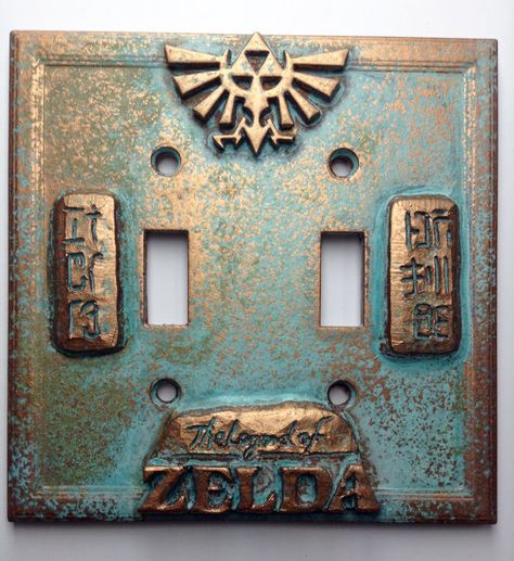 Legend of Zelda Double Light Switch Cover by Scicollectables Vintage Boys Room, Patina Wall, Patina Paint, Sleeping Beauty Castle, Aged Copper, Nerdy Things, Legend Of Zelda Breath, Paint Effects, Copper Patina