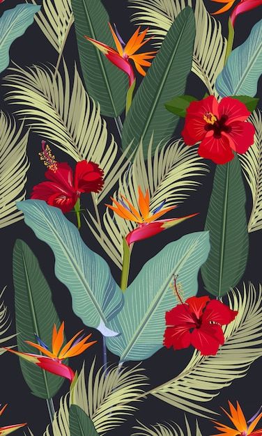 Craft Interior Design, Red Hibiscus Flower, Tropical Art Print, Floral Tree, Tropical Floral Pattern, Beautiful Flower Drawings, Tropical Leaves Pattern, Red Hibiscus, Tropical Prints