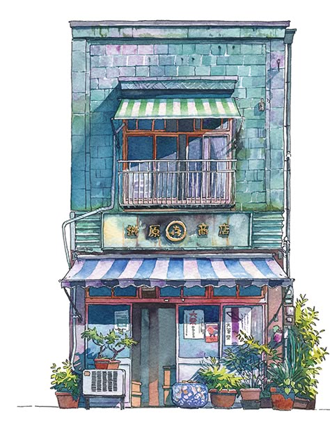 This is a watercolor interpretation of a storefront; this reference can be useful specifically for visual development and a cleanly executed portrayal with a white background allows the viewer to focus on the details without any other elements. Tokyo Storefronts, Design Illustration Art, Arte 8 Bits, Watercolor Architecture, Building Illustration, Art Watercolour, Architecture Drawing Art, Soyut Sanat Tabloları, Building Art