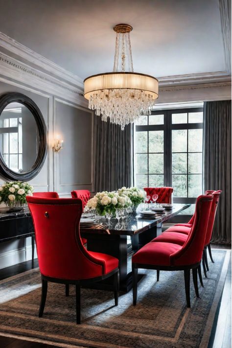 Dining room with mix of vintage and contemporary pieces Red Velvet Dining Chairs, Interior Home Styles, Timeless Dining Room, Dining Room Transformation, Interior Home Design Ideas, Home Design Modern, Dining Room Trends, Glam Dining Room, Red Dining Room