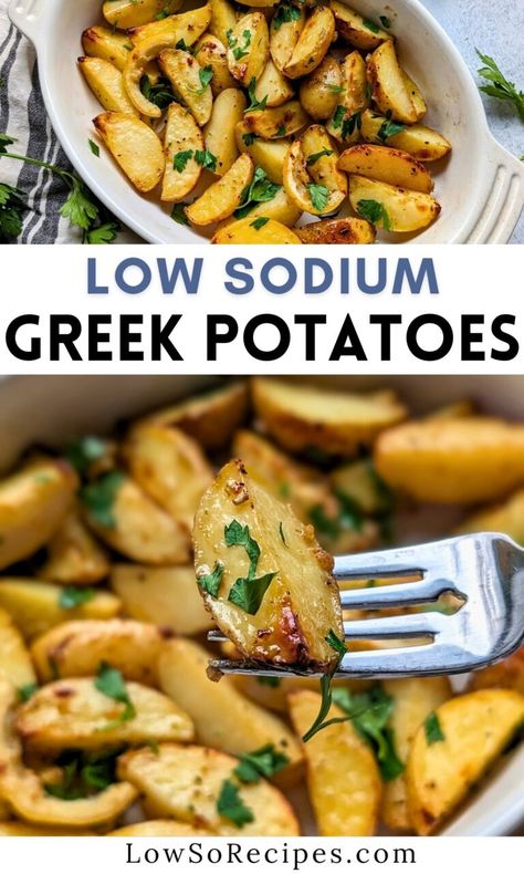 Low Sodium Greek Lemon Roasted Potatoes Recipe - Low So Recipes Low Sodium Mediterranean Diet, Low Sodium Low Carb Meals Easy, Low Potassium Side Dishes, Low Sodium Sides Dishes, Low Salt Diet Recipes, Low Sodium Family Meals, Low Sodium Vegetables, Easy Low Sodium Meals Dinners, Low Sodium Lunches Easy