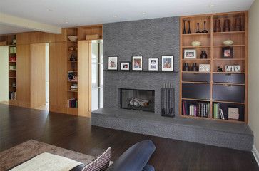 Extend hearth to wall? love the mantel too. Ardsley Residence - modern - family room - new york - Eisner Design LLC Asymmetrical Fireplaces, Off Center Fireplace, Mid Century Modern Fireplace, Modern Fireplace Mantels, Contemporary Family Room, Modern Family Rooms, Fireplace Built Ins, Fireplace Hearth, Fireplace Remodel