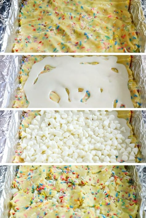 How to make funfetti gooey bars Gooey Funfetti Bars, Funfetti Gooey Bars, Desserts With Funfetti Cake Mix Boxes, Funfetti Cake Mix Ideas, Funfetti Cookie Bars, Gooey Bars Recipe, Funfetti Desserts, Funfetti Bars, Yummy Easy Desserts