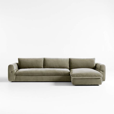 Our Cambria sectional collection brings the forward-looking lines of Italian design to the effortless style that defines Crate & Barrel. Sitting deep, low and modern, the left-arm sofa and right-arm chaise curve deeply cushioned frames topped with plush seat and back cushions. Luxe yet durable green velvet covers the two-piece sectional with inviting texture, while deep tufting on the arms and back enhances its pillowy appeal.

By choosing FSC ®-certified furniture, you are supporting responsible management of the world's forests.

Cambria Green Velvet 2-Piece Right-Arm Chaise Sectional Sofa 24.38 " h height 134.25 " w width 77 " d depth Measurements are in inches.
  * FSC ®-certified engineered hardwood
  * Cushioning is high-resiliency polyfoam wrapped in poly/feather blend encased in do Studio Loft Apartment, Modern Cottage Decor, Aesthetic Furniture, Luxury High Rise, Chaise Sectional Sofa, Corner Sectional Sofa, Velvet Sectional, Green Couch, Green Velvet Sofa