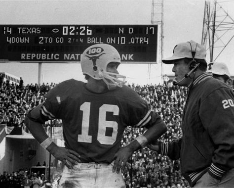 James Street & Coach Royal: Heroes of the 1970 Cotton Bowl, leading a 17-play drive to a touchdown and the Longhorns' 500th all-time win and second national title. The play is considered by some to be the most famous drive in Texas history. Freddie Steinmark, Arkansas Football, Texas Longhorns Football, College Football Players, Longhorns Football, Texas Sports, Texas Football, College Football Teams, Cotton Bowl