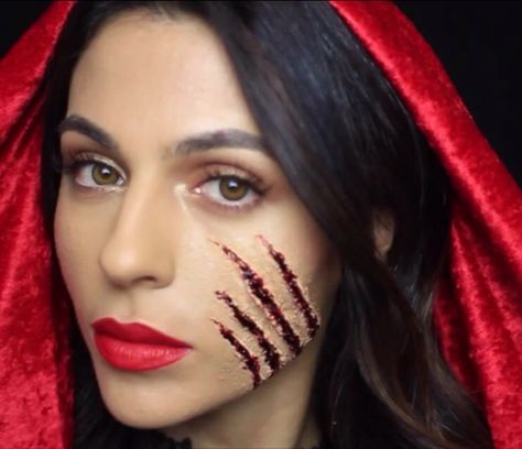 Wolf scratch Scratch Makeup, Red Riding Hood Makeup, Little Red Riding Hood Halloween, Werewolf Makeup, Wolf Makeup, Halloween Make-up Looks, Red Riding Hood Costume, Halloween Makeup Diy, Special Fx Makeup