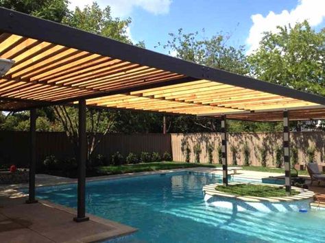 Gazebo Over Pool, Pool With Shade Structure, Swimming Pool Shade Ideas, Pool Shade Structure, Shade Over Pool, Pergola Over Pool, Pool Pergola Ideas, Pergola And Pool, Swimming Pool Pergola