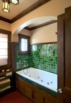 The Allure of Arts & Crafts Kitchens & Baths | Arts & Crafts Homes and the Revival Bathroom With Green Tile, Craftsman Style Bathroom, Craftsman Style Bathrooms, Craftsman Style Interiors, Arts And Crafts Bathroom, Craftsman Interiors, Bungalow Bathroom, Arts And Crafts Tile, Craftsman Houses