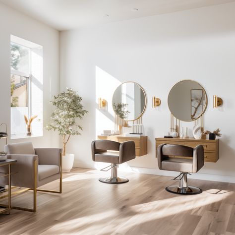 ✨ Salon vibes, radiating warmth. Boho Salon Station Ideas, Salon Wall Colors, Salon Suite Decor, Hair Salon Chairs, Small Salon, Hair Salon Equipment, Salon Lighting, Salon Styling Chairs, Home Hair Salons