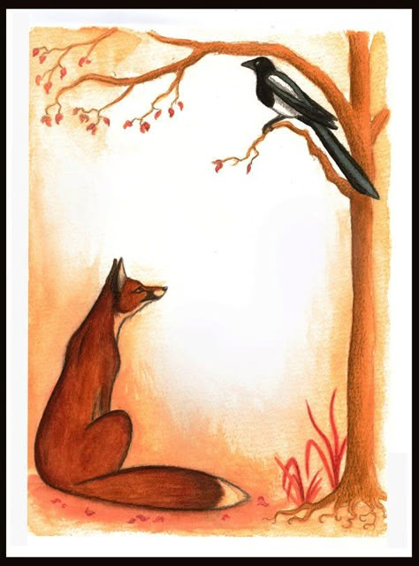 Fox And Crow Drawing, Fox Sketch, Cunning Fox, Crows Drawing, Friendly Fox, Aesop's Fables, Fox Drawing, Story Drawing, Fox Squirrel