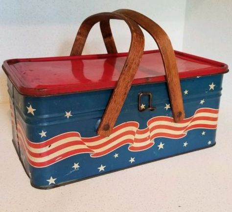 Vintage Tin Patriotic Red White Blue Picnic Basket Golden Cookies Watertown Mass -- Antique Price Guide Details Page Vintage Thermos Decor, Golden Cookie, Tin Basket, Hummel Figurines Antiques, Blue Picnic, John Phillips, Vintage Picnic Basket, Vintage Thermos, Trailer Decor