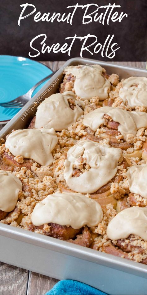 Coffee peanut butter sweet rolls are delicious for brunch with a cup of coffee. Gorgeous homemade sweet dough rolled around a rich peanut butter and brown sugar filling, topped with peanut buttery nuggets of streusel and then glazed with a coffee glaze. If you love cinnamon rolls, you will flip for this peanut butter version. #peanutbuttersweetrolls #sweetrolls #cinnamonrolls #sweetdough #pastrychefonline Cinnamon Rolls Flavors, Freezer Bread, Coffee Peanut Butter, Yeast Baking, Peanut Butter Cream Cheese, Baking Pies, Peanut Butter Cream, Rolls Homemade, Cinnamon Roll Recipe Homemade