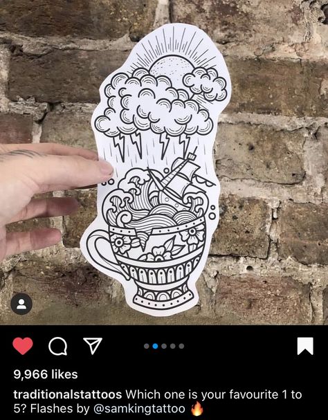 Traditional Tattoo Outline, Traditional Tattoo Stencils, Sam King, Tea Tattoo, Teacup Tattoo, Storm Tattoo, Storm In A Teacup, Cup Tattoo, Traditional Sleeve