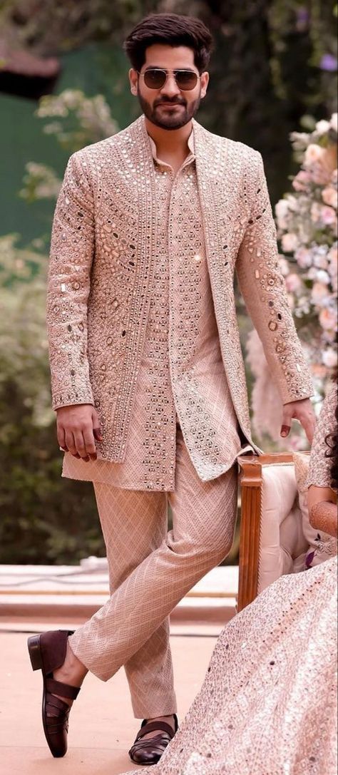 Engagement Look Men Indian, Groom Indian Wedding Outfits For Sangeet, Reception Wear Men, Sherwani Styles For Men, Sangeet Sherwani For Groom, Shimmer Kurta For Men, Reception Outfits For Groom, Sagai Outfit For Men, Sherwani For Men Wedding New