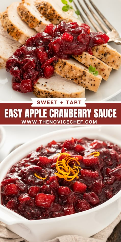 Homemade Apple Cranberry Sauce is made with fresh cranberries, Fuji apples, orange juice, sugar, and cinnamon. An easy cranberry sauce recipe that is the perfect combination of sweet and tart! Cranberry Sauce With Whiskey, Cranberry Orange Applesauce, Cranberry Apple Orange Sauce, Apple Orange Cranberry Sauce, Cranberry Sauce With Apples And Oranges, Cranberry Sauce Recipe With Apples, Ham With Cranberry Sauce, Cranberry Apple Sauce Recipes, Cranberry And Apple Sauce