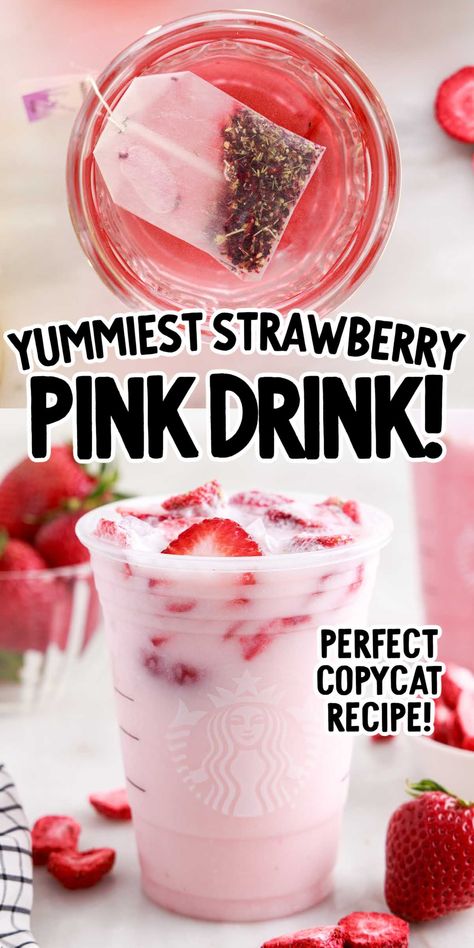 Creamy and bursting with strawberry flavor, this thirst-quenching copycat pink drink recipe will keep you cool and refreshed all summer long. Pink Drink Recipe, Starbucks Pink Drink Recipe, Pink Drink Starbucks, Homemade Starbucks, Starbucks Pink Drink, Pink Drink Recipes, Starbucks Strawberry, Iced Drinks Recipes, Passion Tea