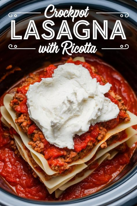 Discover the ultimate comfort food with this delicious Crockpot Lasagna With Ricotta recipe. Layers of rich marinara sauce, seasoned ground beef, gooey cheese, and creamy ricotta come together in your slow cooker to create a hearty and satisfying meal. Perfect for busy weeknights or lazy weekends, this easy-to-make crockpot lasagna will become a family favorite in no time. Let your slow cooker do all the work while you enjoy the mouthwatering aroma that fills your home. Crock Pot Ravioli Lasagna With Ricotta, Best Crockpot Lasagna With Ricotta, Crockpot Lazy Lasagna With Ravioli, Ricotta Crockpot Recipes, Crockpot Ravioli Lasagna With Ricotta, Crockpot Lasagna With Ricotta, Easy Crockpot Lasagna Recipe, Slow Cooker Lasagne, Easy Crockpot Lasagna