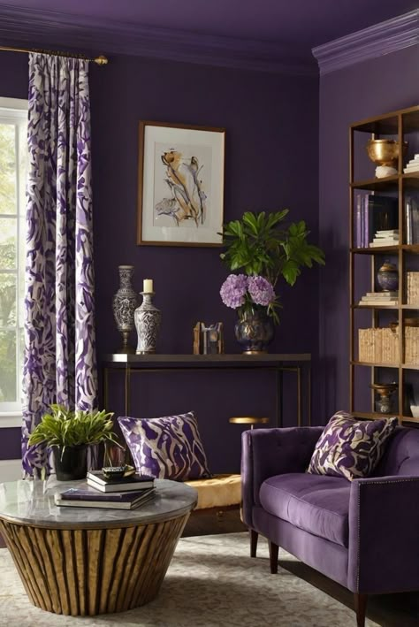 Purple Wall Interior, Amethyst Bedroom Ideas, Dark Purple Interior Paint, Paint Ideas For Dark Rooms, Jewel Tone Purple Paint, Majestic Purple Sherwin Williams, Modern Room Color Ideas, Dark Purple Walls Living Room, Blue Purple Wall Paint