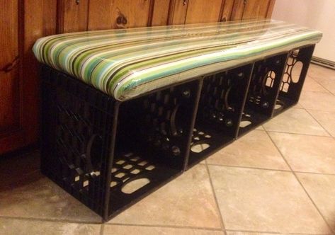 Crate Bench Diy, Milk Crate Chairs, Milk Crate Bench, Crate Storage Bench, Milk Crates Diy, Milk Crate Furniture, Milk Crate Storage, Crate Nightstand, Preschool Organization