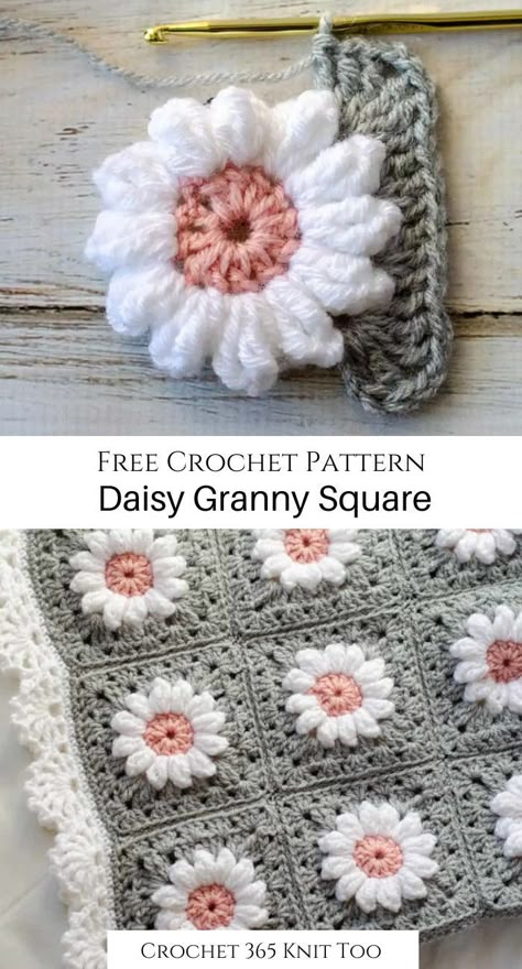 There are so many fun things to make with this crochet daisy granny square! #crochet #crochet365knittoo #crochetpattern #freecrochetpattern #crochetgrannysquare #grannysquare Daisy Crochet Granny Square Pattern Free, Easy Daisy Granny Square, Single Crochet Granny Square Pattern, Puff Daisy Granny Square, Daisy Granny Square Pattern Tutorials, Crochet Diagram Granny Squares, Daisy Crochet Granny Square Pattern, Crocheted Flower Granny Squares, Easy Crochet Flower Blanket