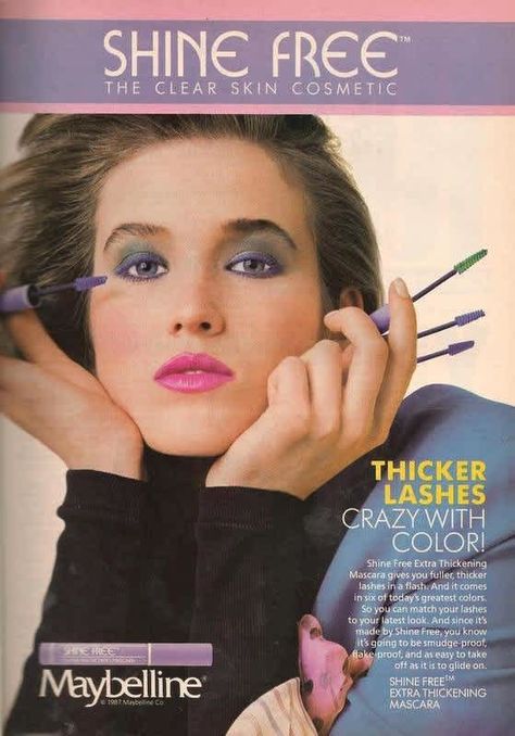 80s Hair And Makeup, 1980s Makeup, Best Facial Hair Removal, Maybelline Cosmetics, Vintage Makeup Ads, Thickening Mascara, Colored Mascara, 80s Makeup, Blue Mascara