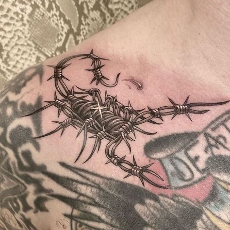 Tattoo Snob on Instagram: “Barb Wire Scorpion tattoo by @scragpie at @scytheandspade in Calgary, AB #scragpie #scytheandspade #calgary #alberta #canada #scorpion…” Webb Tattoos, Wire Scorpion, Tattoo Fancy, Scorpio Zodiac Tattoos, Wire Tattoo, Clavicle Tattoo, A Small Tattoo, Barbed Wire Tattoos, Y2k Tattoo