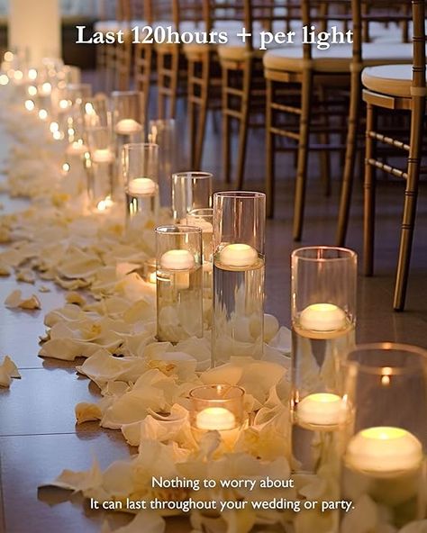 Compared to a traditional burning candle, fake floating candles are lighter and can stay upright in the pool without sinking. led floating candles do not melt and maintain the three-dimensional fullness of the candle without creating residual wax. The wick will not be extinguished by airflow, moisture and collision, and can maintain enough brightness in your wedding or various parties to create a romantic atmosphere Led Candles For Wedding, Battery Powered Candles Wedding, Candle Light Wedding Aisle, Simple Floating Candle Wedding Centerpieces, Flameless Floating Candles Wedding, Flameless Floating Candle Centerpieces, Evening Candle Lit Wedding, Vases Floating Candles, No Flame Candles Wedding