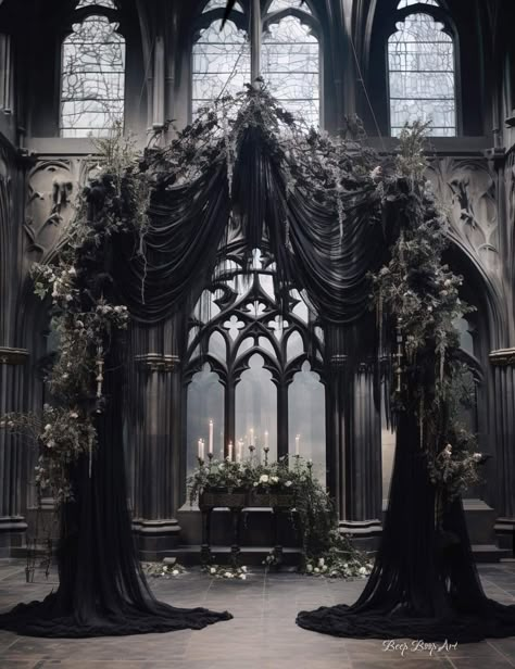 Gothic Wedding Ideas Victorian, Black Wedding Venue Aesthetic, Black Aesthetic Wedding Theme, Gothic Wedding Venues, Gothic Cathedral Wedding, Gothic Wedding Arch, Gothic Castle Wedding, Vamp Wedding, Dark Wedding Ideas