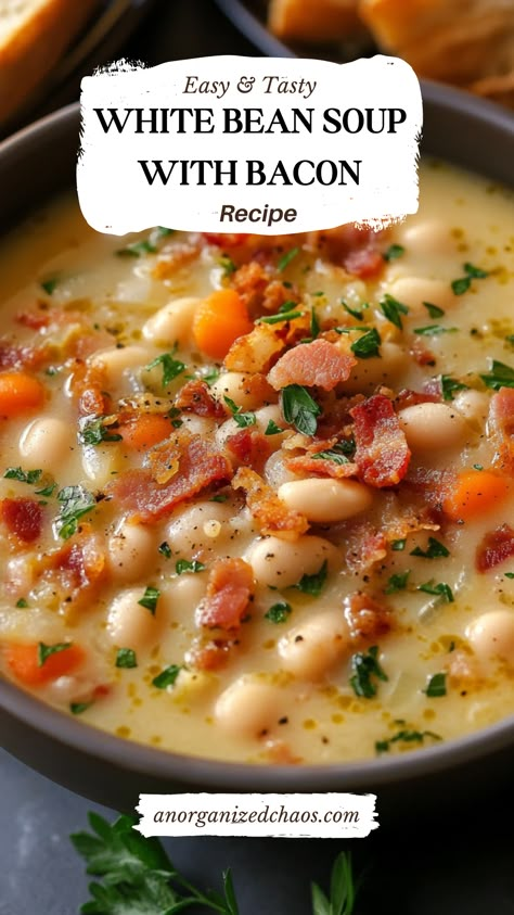 Bean Soup With Bacon, Bacon Soup Recipes, Bean And Bacon Soup, Soup With Bacon, White Bean Soup Recipes, Comfort Soup Recipes, Soup Ingredients, Bacon Soup, Homemade Soup Recipe