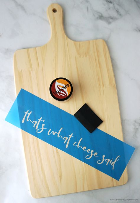 DIY Wood-Burned Cheeseboard | artsy-fartsy mama Wood Burned Charcuterie Board Ideas, Wood Burned Charcuterie Board Diy, Charcuterie Board Wood Burning Designs, Ammonium Chloride Wood Burning, Charcuterie Board Burn Design, How To Make Stencils, Water Spots, Words Prints, Painters Tape