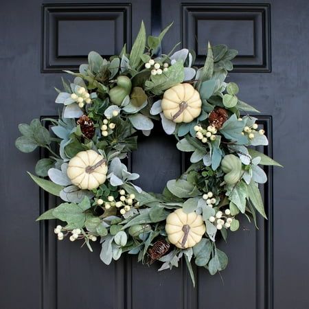 Brighten up your front door, window, living room with this cheerful greenery wreath. It is always an ideal addition to any space in need of a fresh natural touch, all-season and natural-looking wreath for indoor or outdoor decoration. All-season Wreath for Front Door Natural-looking Greenery, 3 types of eucalyptus leaves with different colors and shapes, 2 types of white berries, thick branches and vines. It keeps blooming and never fade, this wreath is suitable for all seasons. Look lovely and Ohio House, Fall Decor Wreaths, Lamb's Ear, Pumpkin Garland, Summer Front Door Wreath, Thanksgiving 2020, Eucalyptus Wreath, Lambs Ear, Thanksgiving Wreaths