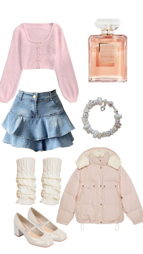 Pink puff jacket long sleeve shirt jean denim skirt low heals pandora bracelet leg warmers perfume White Puff Jacket Outfit, Puff Jacket Outfit, Outfits With Denim Skirt, Jean Skirt Outfits, Space Outfit, White Denim Skirt, Puff Jacket, Jacket Outfit, Jacket Long