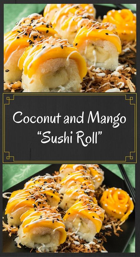 Dessert Sushi Recipes, Sushi With Mango, Dessert Sushi Rolls, Frushi Recipe, Mango And Sticky Rice, Dessert Japanese, Mango Sushi, Sushi Diy, Resep Sushi