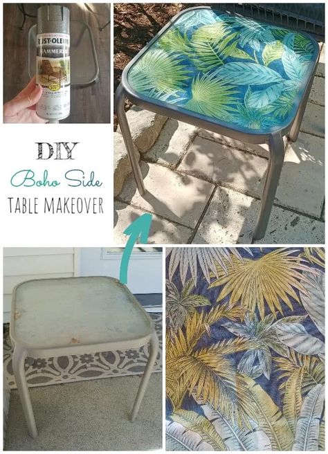 DIY Boho Patio Side Table Makeover Patio Glass Table Makeover, Diy Glass Patio Table Makeover, Outdoor Furniture Painting Ideas, Glass Top Patio Table Redo, Diy Outdoor Glass Table Makeover, Glass Outdoor Table Makeover, Glass Table Redo Diy, Diy Patio Side Table Ideas, Glass Top Table Makeover