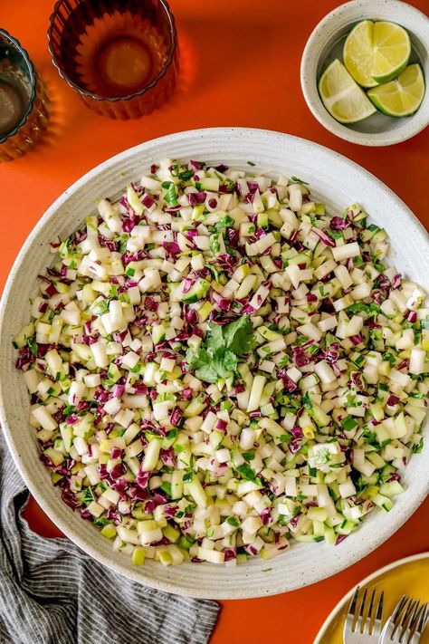 Kohlrabi Salad with Cucumber and Lime - Crave-Worthy Kohlrabi Salad Recipes, Kohlrabi Salad, Salad With Cucumber, Kohlrabi Recipes, Italian Chopped Salad, Beef Kabobs, Lime Vinaigrette, Chicken Tender Recipes, Salad In A Jar