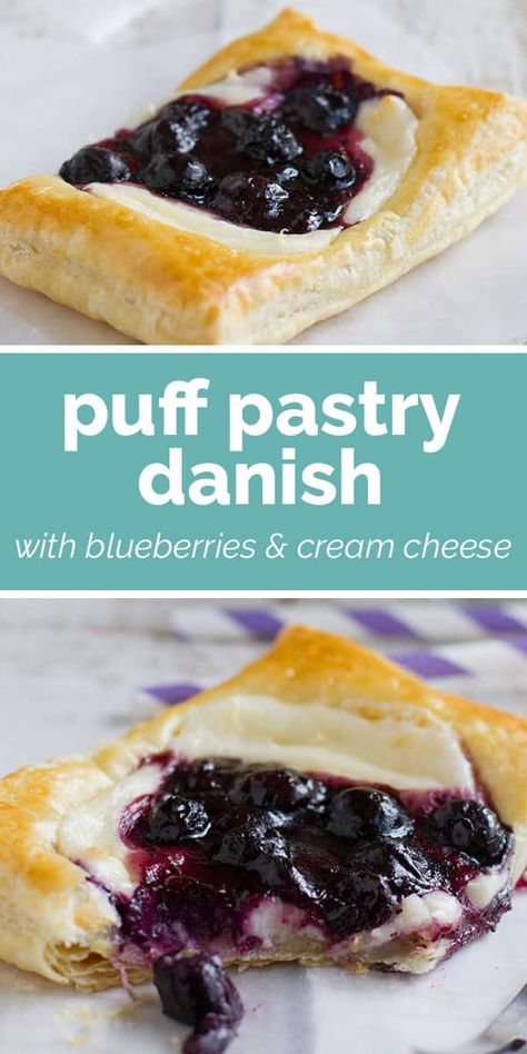 This Puff Pastry Danish with Blueberries and Cream Cheese starts with puff pastry that is topped with sweetened cream cheese and a blueberry mixture for a perfectly decadent breakfast treat. Breakfast Pastries Easy, Puff Pastry Danish, Blueberry Puff Pastry, Homemade Danish Recipe, Easy Cheese Danish, Pastry Danish, Blueberry Danish, Decadent Breakfast, Cream Cheese Puffs