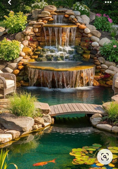 Garden Waterfall Ideas, Diy Backyard Projects, Backyard Stream, Stream Ideas, Waterfall Ideas, Backyard Pool Design, Water Wall Fountain, Natural Swimming Ponds, Tree House Plans