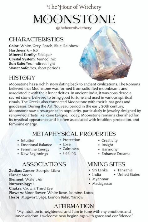 Crystal Properties Witchcraft, Crystal Properties Chart, Moonstone Meaning Crystal Healing, Moonstone Crystal Meaning, Moon Stone Crystal, Crystals Astrology, Energy Stones Crystal Healing, Moonstone Healing Properties, Moonstone Properties