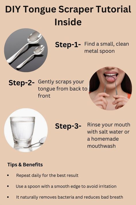 Learn to craft your own tongue scraper at home using common household items. This straightforward DIY guide will teach you how to naturally cleanse your tongue, boost your oral hygiene, and maintain fresh breath. Forget about pricey gadgets—just follow these easy steps for a healthier mouth. Ideal for anyone eager to elevate their daily oral care routine with a natural and effective approach. Save this pin and begin your journey to better oral health today. #oralcare #oralhealth #diyremedies How To Properly Brush Your Teeth, How To Use A Tongue Scraper, Diy Tongue Scraper, Tounge Scraper Diy, Mouth Hygiene Routine, How To Make Ur Breath Smell Good, How To Clean Your Tongue, Mouth Care Routine, How To Have Good Breath All Day