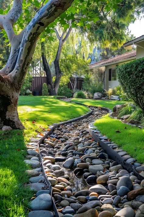 Transform your yard with innovative drainage ditch ideas that blend efficiency and style. Explore DIY options and landscaping tips for water management. Backyard Culvert Landscaping, Backyard Ditch Landscaping, Gravel Water Drainage, Creative Drainage Solutions, Drainage Trench Landscaping, Landscape Ideas For Water Drainage, Landscaping Drainage Ideas, Landscaping Water Drainage, Landscape Drainage Ditch