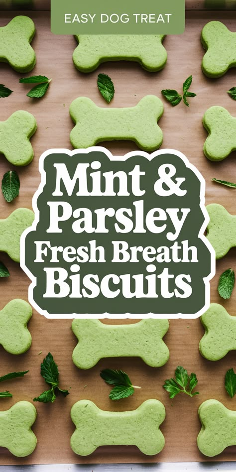 Does your pup need fresher breath? 🐶 These Mint & Parsley Fresh Breath Biscuits are the perfect solution! Packed with natural ingredients like mint and parsley, these treats are great for dog dental health and keeping those kisses sweet. Perfect for pet parents looking for allergy-friendly dog treats, homemade dog food recipes, or a simple way to support fresh breath. Easy to make and packed with flavor, your dog will love these biscuits! 🌱 #FreshBreathDogTreats Natural Toothpaste For Dogs, Homemade Breath Dog Treats, Homemade Breath Mints, Diy Mint Dog Treats, Mason Jar Dog Treats, Dog Treats With Mint, Milkbone Dog Treat Recipe, Homemade Milkbones, Diy Fresh Breath Dog Treats