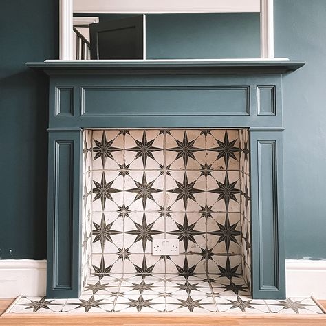 Empty Fireplace Ideas, Empty Fireplace, Fireplace Hearth Tiles, Fireplace Walls, Fireplace Feature, Log Burner Living Room, Hearth Tiles, Star Tile, Fireplace Tile Surround