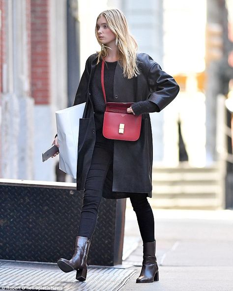 Seeing red! The 27-year-old Victoria's Secret Angel looked chic in her monochrome ensemble but added a pop of colour to her look with a bright rosy handbag Pop Of Color Bag Outfit, Bright Bag Outfit, Red Designer Bag Outfit, Red Bag Outfit Ideas, Red Cross Body Bag Outfit, Small Red Purse Outfit, Colorful Bag Outfit, Small Red Bag Outfit, Black Outfit Red Bag