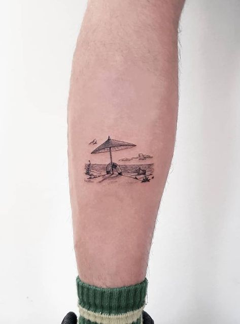 Beach Tattoo Gulf Coast Tattoo Ideas, Beach Tattoo Men, Beach Tattoo Black And White, Beach House Tattoo, Dog On Beach Tattoo, Male Beach Tattoo, Pier Tattoo Beach, Beach Scene Tattoo Design, Honeymoon Tattoo