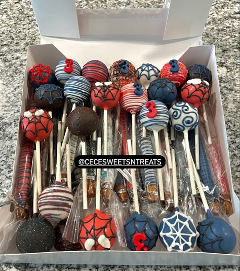 Spider Man Theme Party Ideas, Spidey And His Amazing Friends Birthday Cake Pops, Small Spider Man Birthday, Spiderman Dessert Table Ideas, Spiderman 18th Birthday Cake, Spider Man Party Snacks, Spiderman Treat Table, Spider Man Cake Pops Ideas, Miles Birthday Party