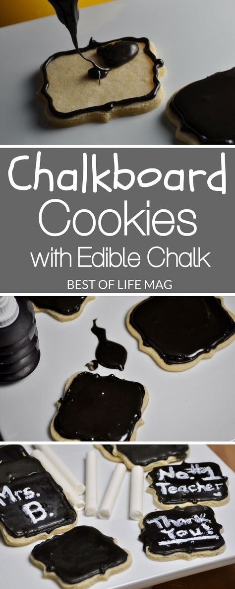 Make these chalkboard cookies with edible chalk to express your feelings on any holiday. They make the perfect teacher gift from your child, too! - from bestoflifemag.com Chalkboard Cookies, Activities For Kids Halloween, Edible Chalk, School Cookies Recipe, Kids Halloween Food, Halloween Cookie Recipes, Halloween Cookies Decorated, To Express Your Feelings, Royal Icing Recipe